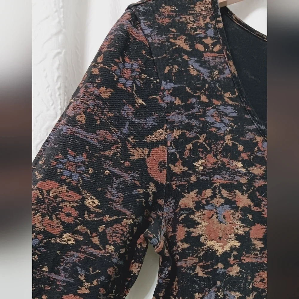 PeruvianConnection Dynasty Floral Black Jersey Scoop Neck Long Sleeves Midi Sz S